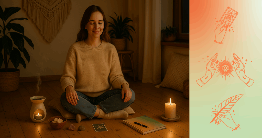 Frau sitzt entspannt im Schneidersitz, empfängt Reiki während der Rauhnächte, umgeben von Kerze, Räucherstövchen, Tarotkarte und Workbook – spirituelle Rauhnachtsbegleitung von Constanze Bechtold