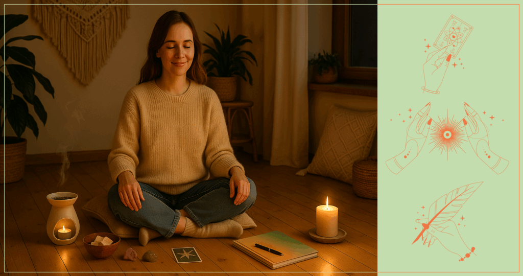 Frau sitzt entspannt im Schneidersitz, empfängt Reiki während der Rauhnächte, umgeben von Kerze, Räucherstövchen, Tarotkarte und Workbook – spirituelle Rauhnachtsbegleitung von Constanze Bechtold